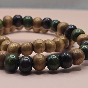 Wood Bead Stretch Bracelet Set in Natural, Green & Black